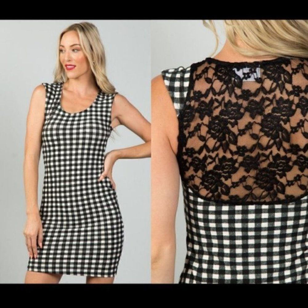 Black and White Gingham Lace Back Mini Dress. Sz M